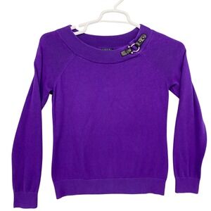 Lauren Ralph Lauren Purple Ribbed Knit Sweater Buckle Detail Long Sleeve Women M